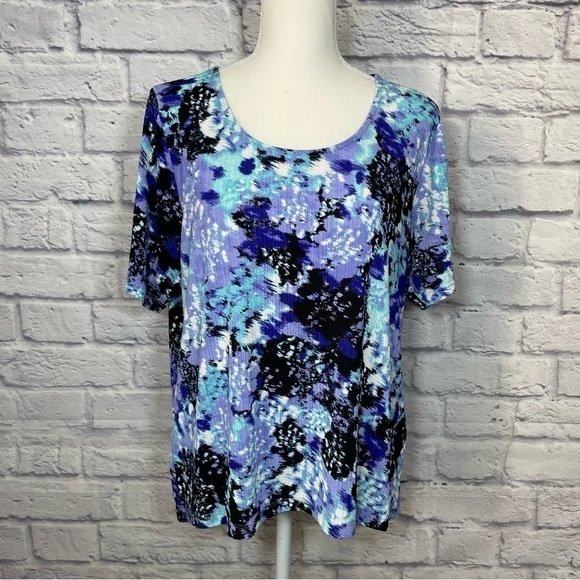 Tanjay Petite Short Sleeve Abstract Multi Color Top Size Medium Petite - Picture 2 of 11